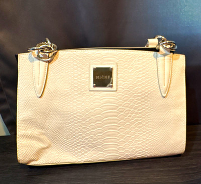 MICHE Beige Embossed Shoulder Bag, Magnetic Closure, Detachable Strap, Silver