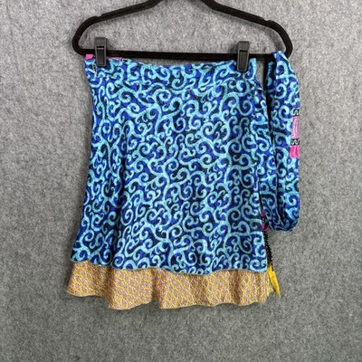 Darn Good Yarn Reversible Sari Silk Wrap Mini Skirt XL (14-20) Blue Teal Tie