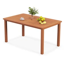 Patio Solid Wood Dining Table with Umbrella Hole Teak Oil Finish Rectangular