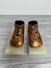 Pair of Copper Baby Toddler Shoes - Bookends on Marble Base Plaque