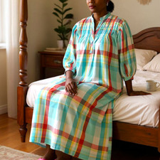 Vintage Saybury Nightshirt Small Blue Plaid Check Shirtdress Dress Cotton Muumuu