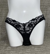 Vintage Rene Rofe Shiny Satin Back Black Hi Cut Lace Bow Bikini Sissy Panties M