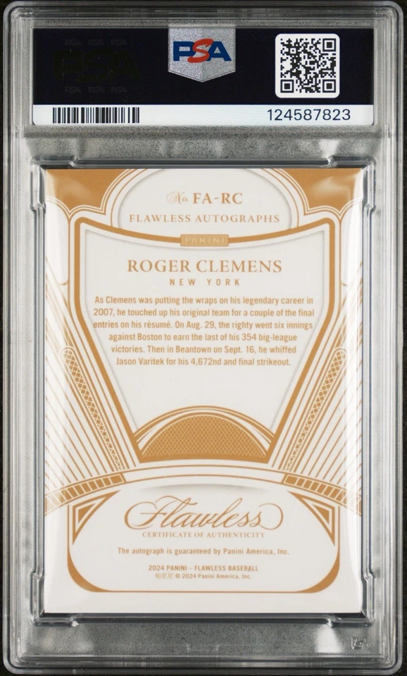Roger Clemens 2024 Panini Flawless Gold /10 FA-RC / Yankees PSA 8 / Auto 10 Foto 2 de 3