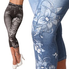 Leggings Hose Capri Jeans Look Blumen Schmett...
