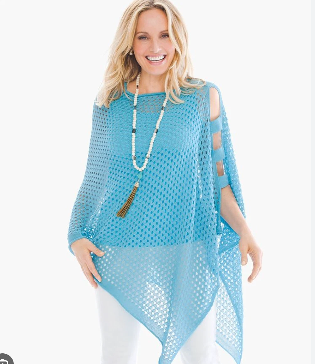 Chico's Turquoise Blue Open Knit One Size Poncho Beachy Resortwear Coastal