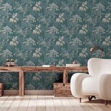 Oriental Bird Garden Wallpaper 946101 Teal Japanese Trees Blossoms Birds by WOW