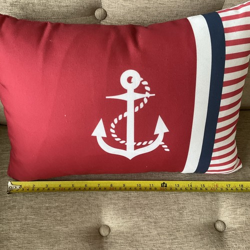 Coastal Decor Nautical Lumbar Pillow Throw Anchor Stripes Red White & Blue NEW - Picture 8 of 9