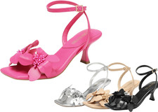 Women Flower Wedding Heel Sandals Low Kitten Heel Open Toe Slingback Dress Shoes