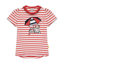 Steiff navy air shirt with beach motif, red striped size 104