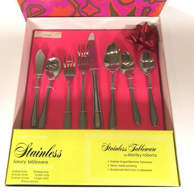50 PC Set NOS Stanley Roberts Stainless Steel Cameo Flatware Tableware Box