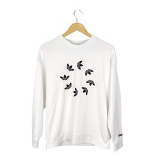 adidas Womens White Embroidered Trefoil Sweatshirt Jumper Size 6 XS Oversized