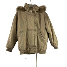 Izzi Coat Jacket Womens Size S Beige Hooded Fox Tail Trim Zip Toggle Button Vtg