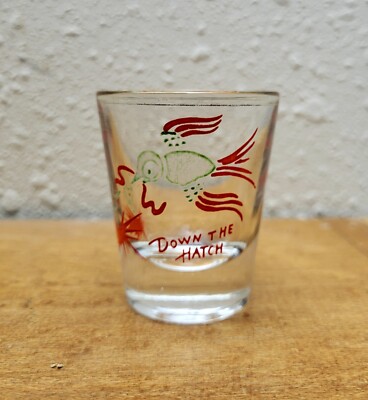 Vintage ''Down The Hatch'' Shot Glass Hand-painted Mama Baby Bird Mid Century MCM