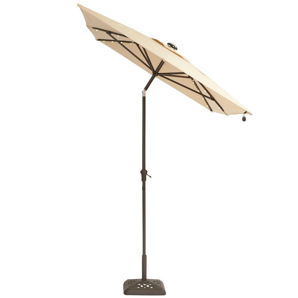 Hampton Bay 11 Ft Solar Led Lighting Offset Patio Umbrella In Cafe Tan For Sale Online Ebay