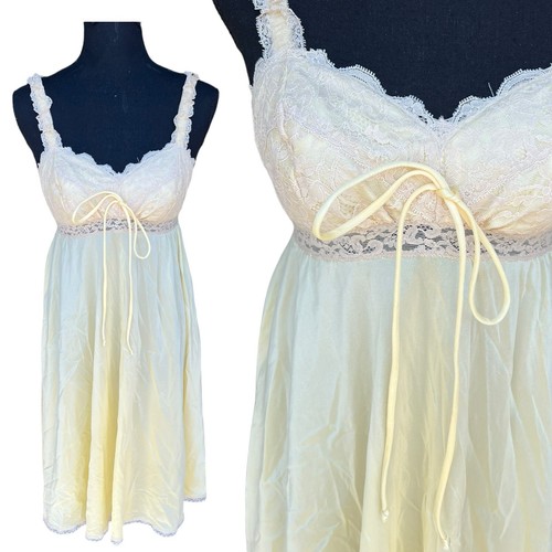 Vintage 50s Yellow Floral Lace Satin Slip Dress Gown Sz Small 30” Bust