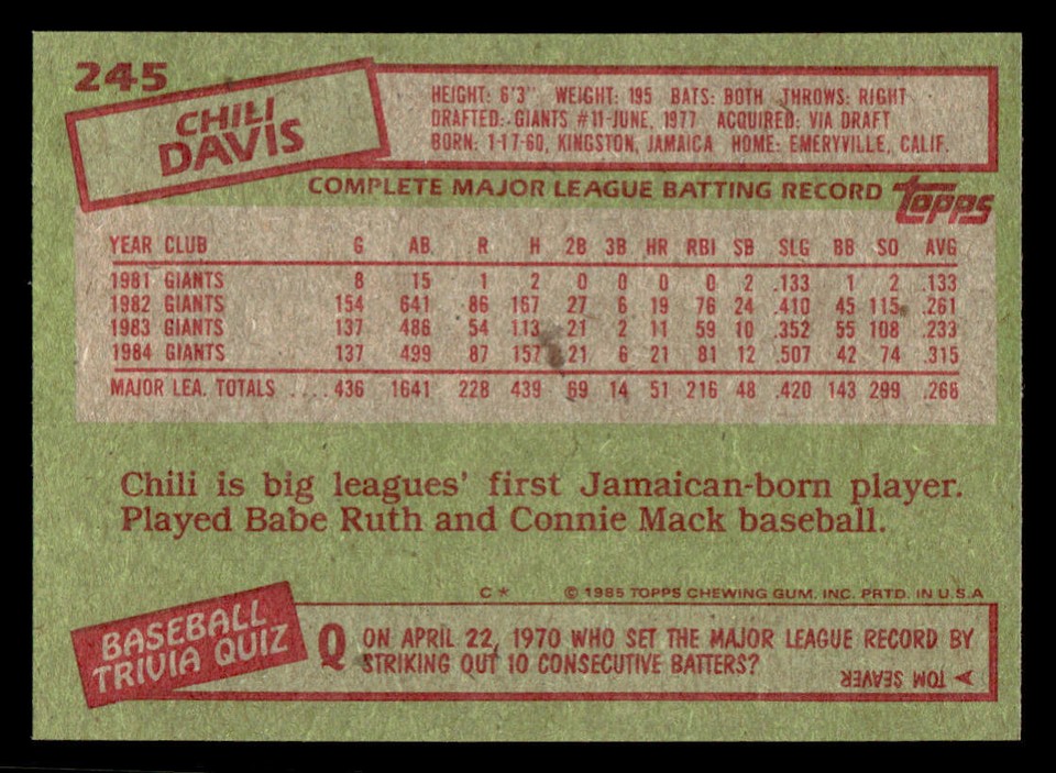 1985 Topps 245 Chili Davis Card San Francisco Giants eBay
