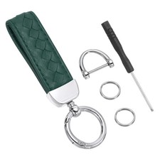 Genuine Leather Car Keychain Key Chain with Silver Tone D-Ring, Dark Green