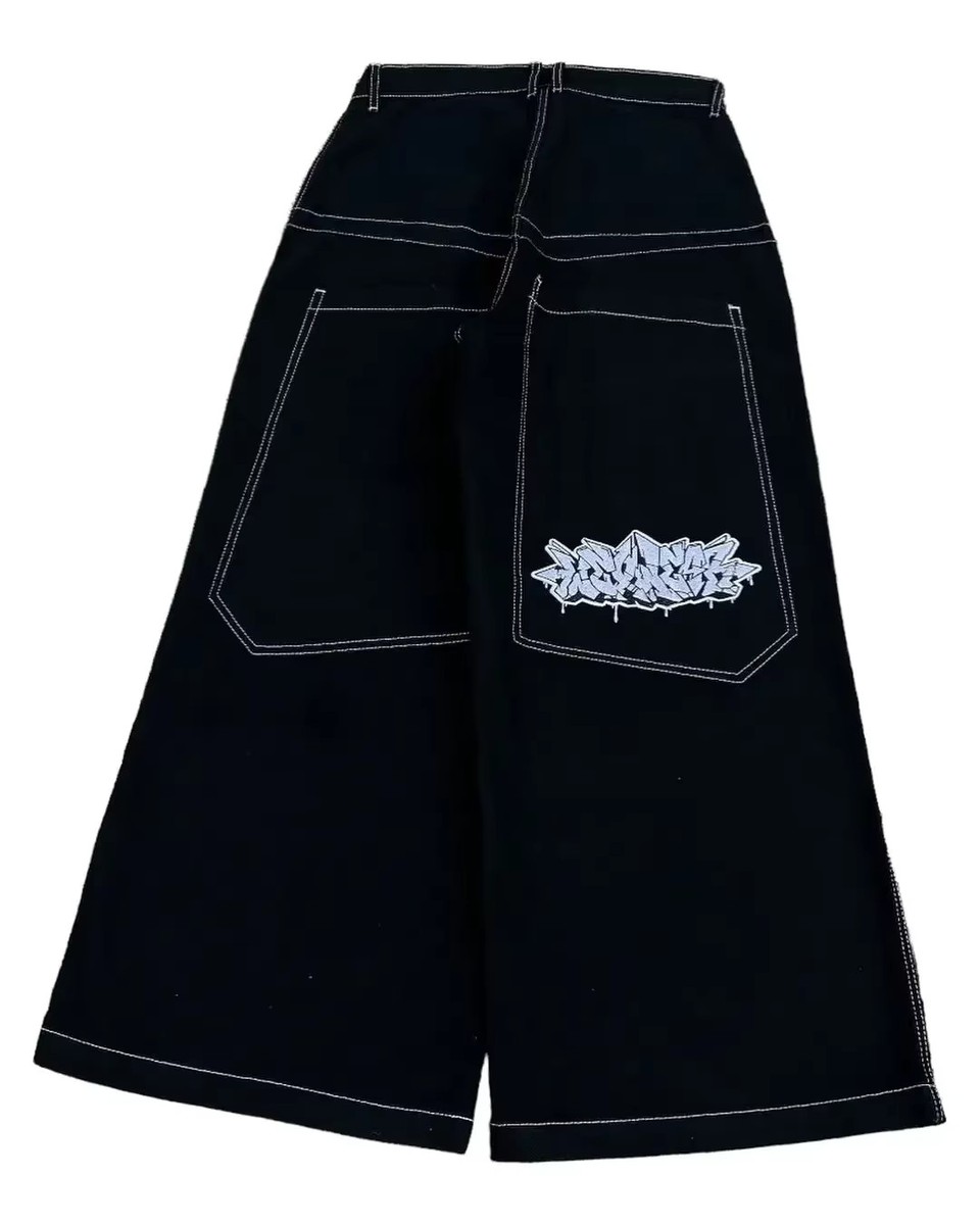 く*ち様 00s OLD skate wide baggy stitch den Mens Baggy Jeans S-XXL Black Y2K Wide Leg Skater Streetwear Denim