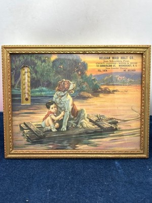 Vintage Belgian Maid Malt Co. Advertising Thermometer Boy & Dog artwork by J. Ad