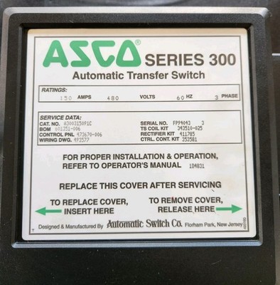 ASCO Series 300 Auto Transfer Switch 150 Amps 480 Volts 60 hz 3 Phase USED