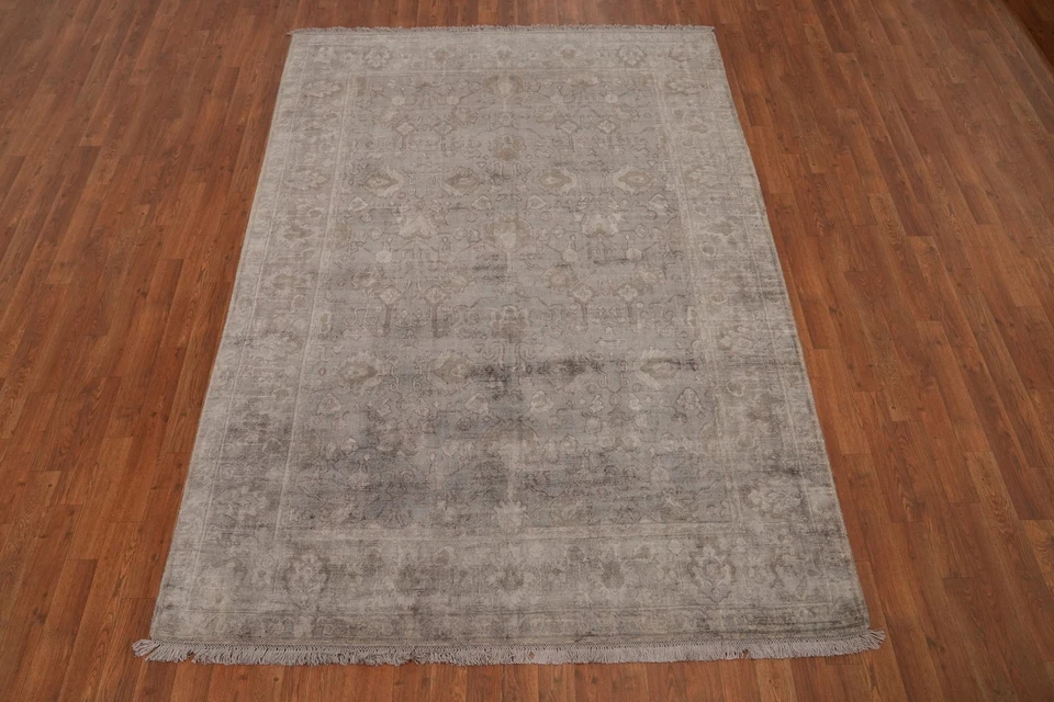 Handmade Beige Silk Carpet Transitional Oushak Living Room Area Rug 6x8 Ft - Image 2 of 4