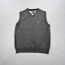Vintage Tommy Hilfiger Sweater Vest Mens L Gray Cotton V Neck Crest Logo Knit