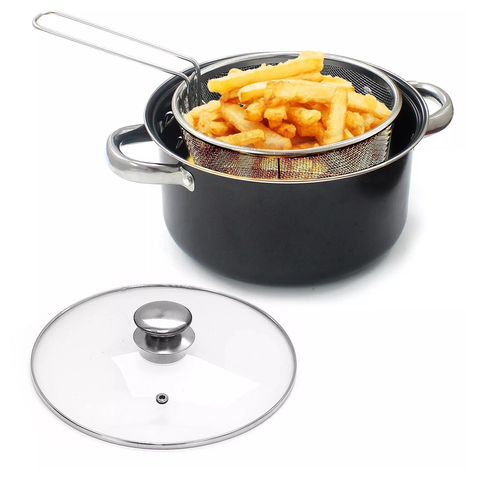 Non Stick Chip Pan Deep Fat Fryer Cooking Pot Frying Basket With Lid Set 24cm 9"
Opens in a new wind