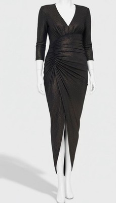 Xscape Women's BLack/Gold Metallic Ruched Long-Sleeve Gown Dress Size 12 |  eBay