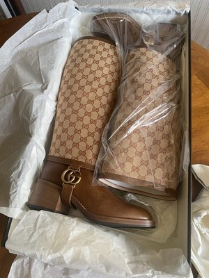 Gucci GG Supreme Women's Knee High Riding Boots Brown/Beige Monogram US 7