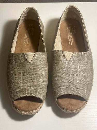 TOMS Women’s Size 8 Gray Linen Open Toe Alpargata Espadrille Flats Slip On Shoes