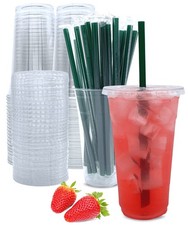 50 Sets 24 oz Clear Plastic Cups with Lids and Straws, Disposable Coffee Cups