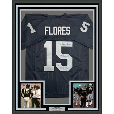 Framed Autographed/Signed Tom Flores 35x39 Oakland Black Jersey Beckett BAS COA