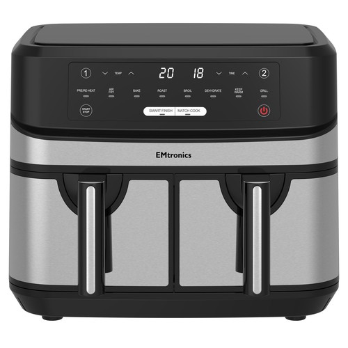 EMtronics Double Basket Air Fryer Digital Dual 9L with Timer - Stainless Steel - Picture 2 of 7