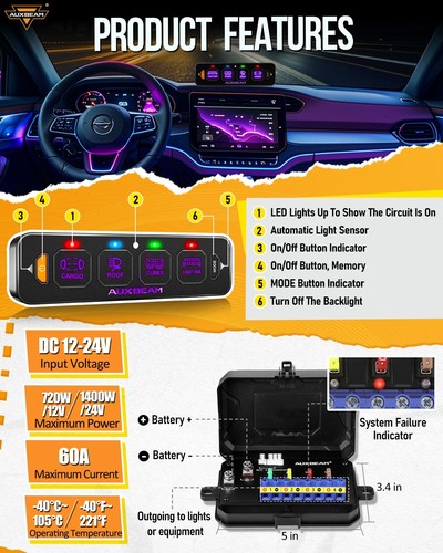 AUXBEAM 4 Gang RGB Slim Switch Panel Light Control Toggle/Momentary/Pulsed ATV - Picture 7 of 12