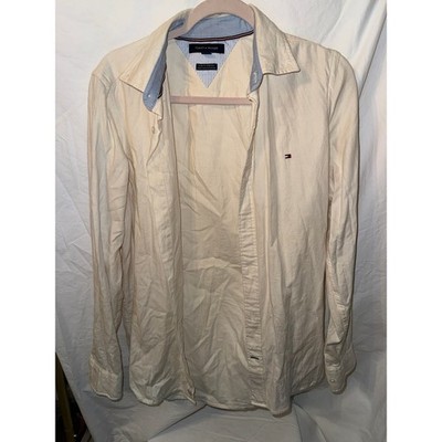 Tommy Hilfiger Mens Slim Fit Stretch Button Down Shirt Cream Off White Small S/P