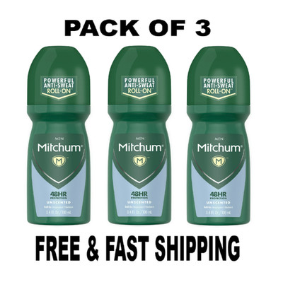 Mitchum Men Powerful Antiperspirant Deodorant Roll-On, Unscented, 3.4 PACK OF 3