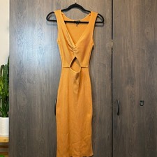 Say What? Mustard Yellow Ribbed Knit Cutout Twist Front Midi Dress Womens Large