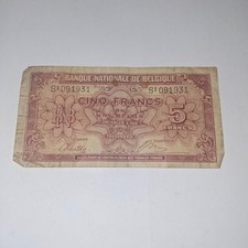 1943 Belgium 5 Francs Note Belgique Cinq Francs Frank No Reserve Bank Van Belgie