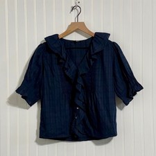 Madewell Navy Blue 100% Cotton Ruffle Trim V-Neck Puff Sleeve Top Blouse Size S