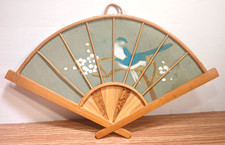 Vintage Asian Fan Hand Painted Bird On Cloth  Bamboo Hanging Wall Decor