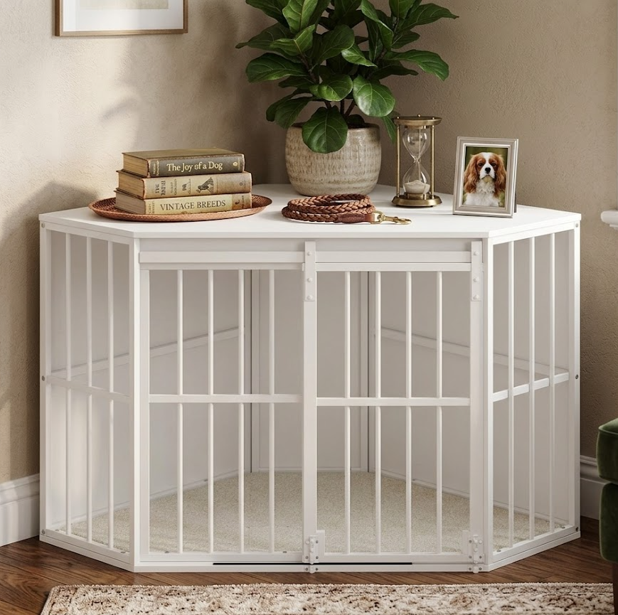 Corner Dog Crate Furniture Barn Door with Cushion Indoor Kennel Space Saving