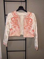 Soft Surroundings M Embroidered Cropped Jacket Boho Floral Bolero Ivory Coral