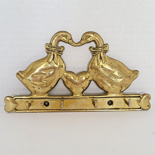 VTG Brass Geese Wall Hanger Key Hook Upper Deck 1988 Heart Patina Country Farm