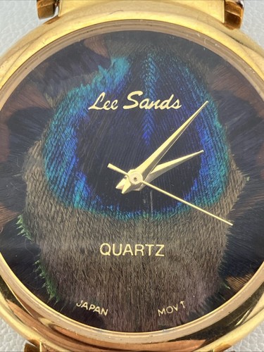 Vtg Lee Sands Ladies 35mm Watch Gold Tone Black Band Peacock Dial 6.5”-8”- RUNS - Picture 3 of 20