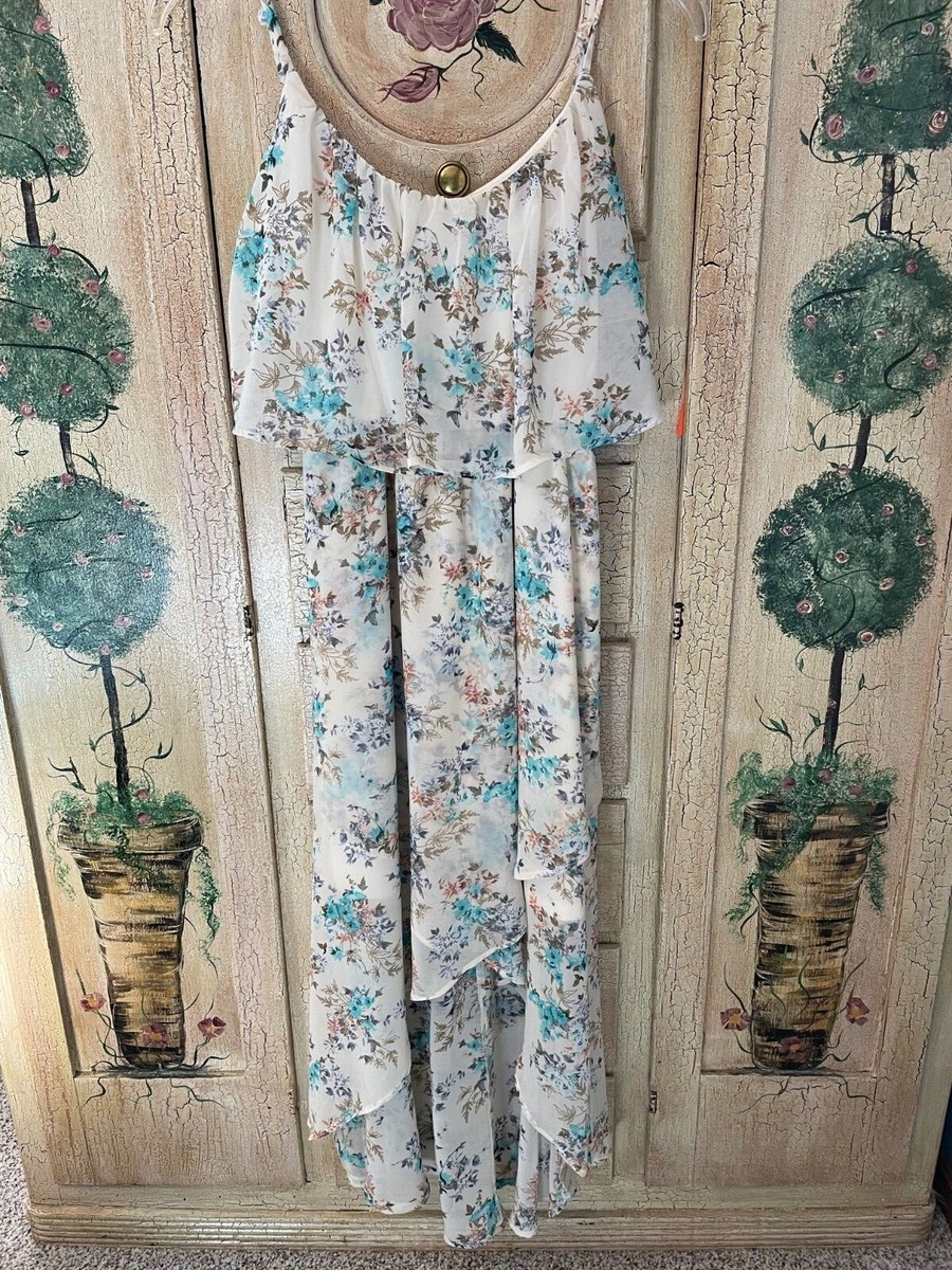 Floral Maxi Dress Layered Summer Flower Print Spaghetti Straps Women's Small