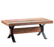 Contemporary Reclaimed Boat Wood and Metal Banded Base Coffee Table