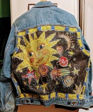 Hand Painted Denim Jacket -happy Sun - Starry Night- Size  L