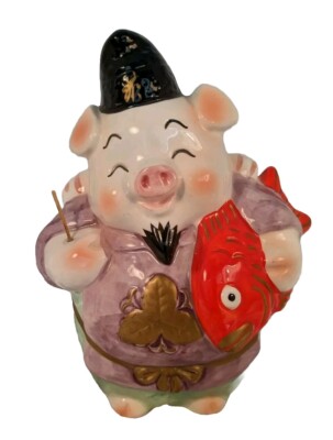 Vtg Kato Kogei Piggy Bank Pig Fisherman Koi Orange Hand Painted Japan BrokenPole