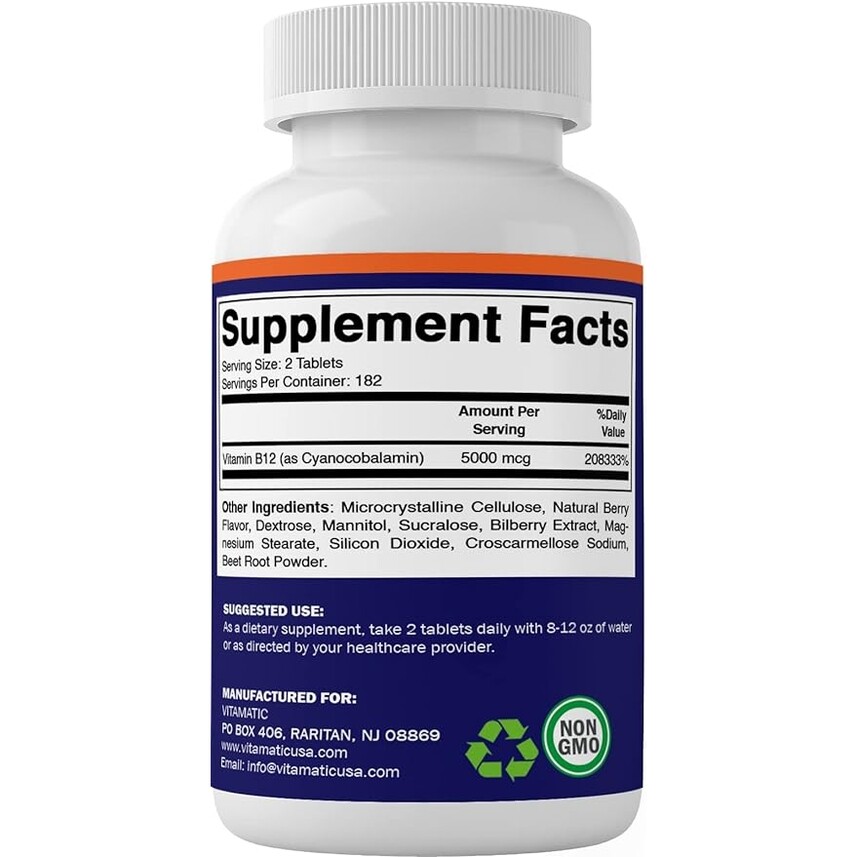 Vitamatic Vitamin B12 5000 mcg Fast Dissolve 365 Tabs NonGMO/No Gluten ...