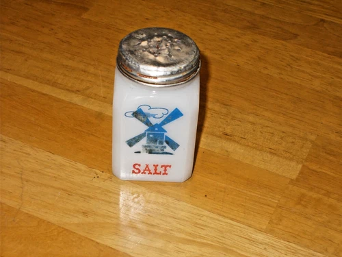 Vintage Hazel Atlas Salt Shaker Milk Glass Dutch Windmill Metal Lid USA
